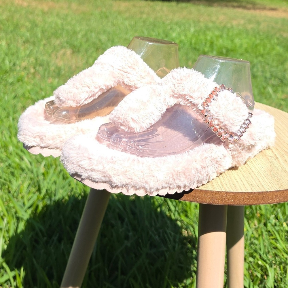 Pink Faux Fur Thong Sandals with Rhinestone Buckle Platform Slides